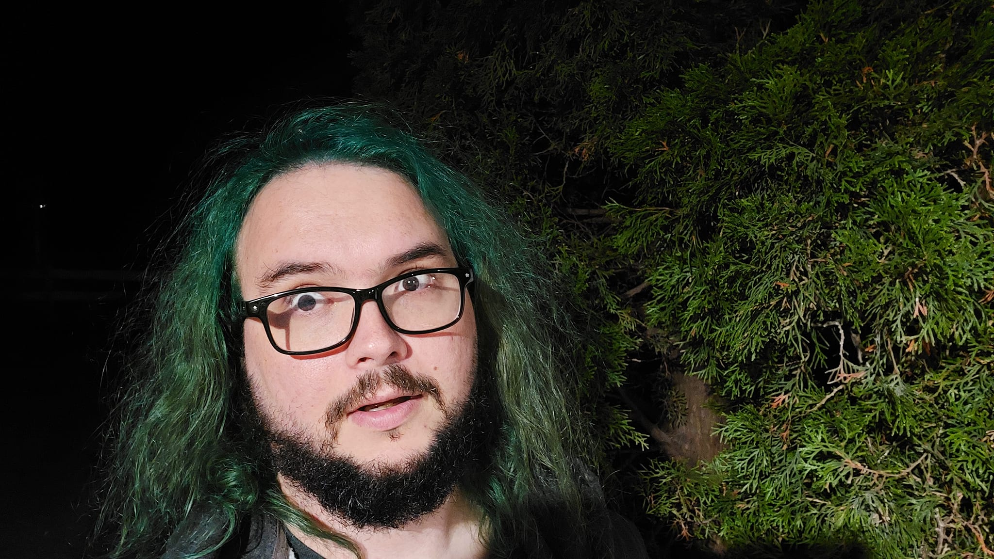 A man with green hair is outside after dark, Photo 11